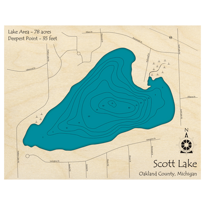 Bathymetric topo map of Scott Lake, MI with roads, towns and depths noted in blue water.