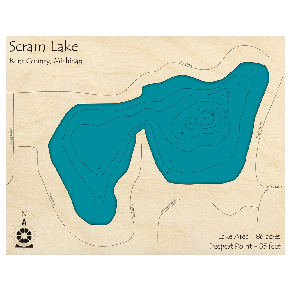 Bathymetric topo map of Scram Lake, MI with roads, towns and depths noted in blue water.