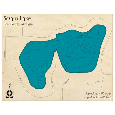 Bathymetric topo map of Scram Lake, MI with roads, towns and depths noted in blue water.