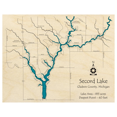 Bathymetric topo map of Secord Lake, MI with roads, towns and depths noted in blue water.