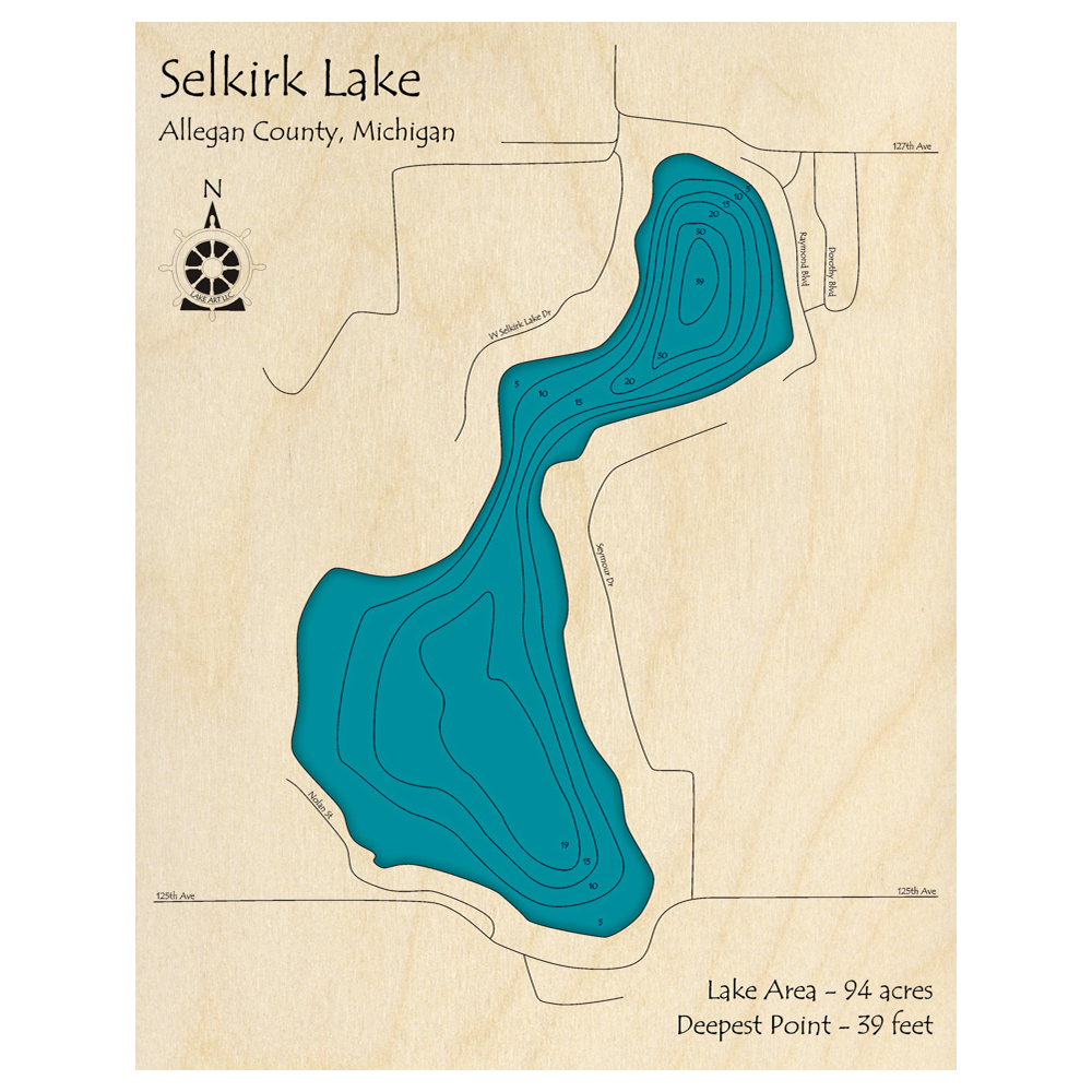 Bathymetric topo map of Selkirk Lake, MI with roads, towns and depths noted in blue water.