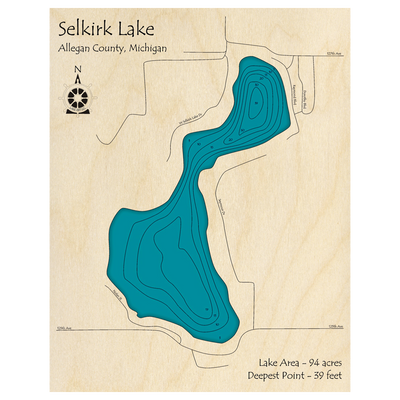 Bathymetric topo map of Selkirk Lake, MI with roads, towns and depths noted in blue water.
