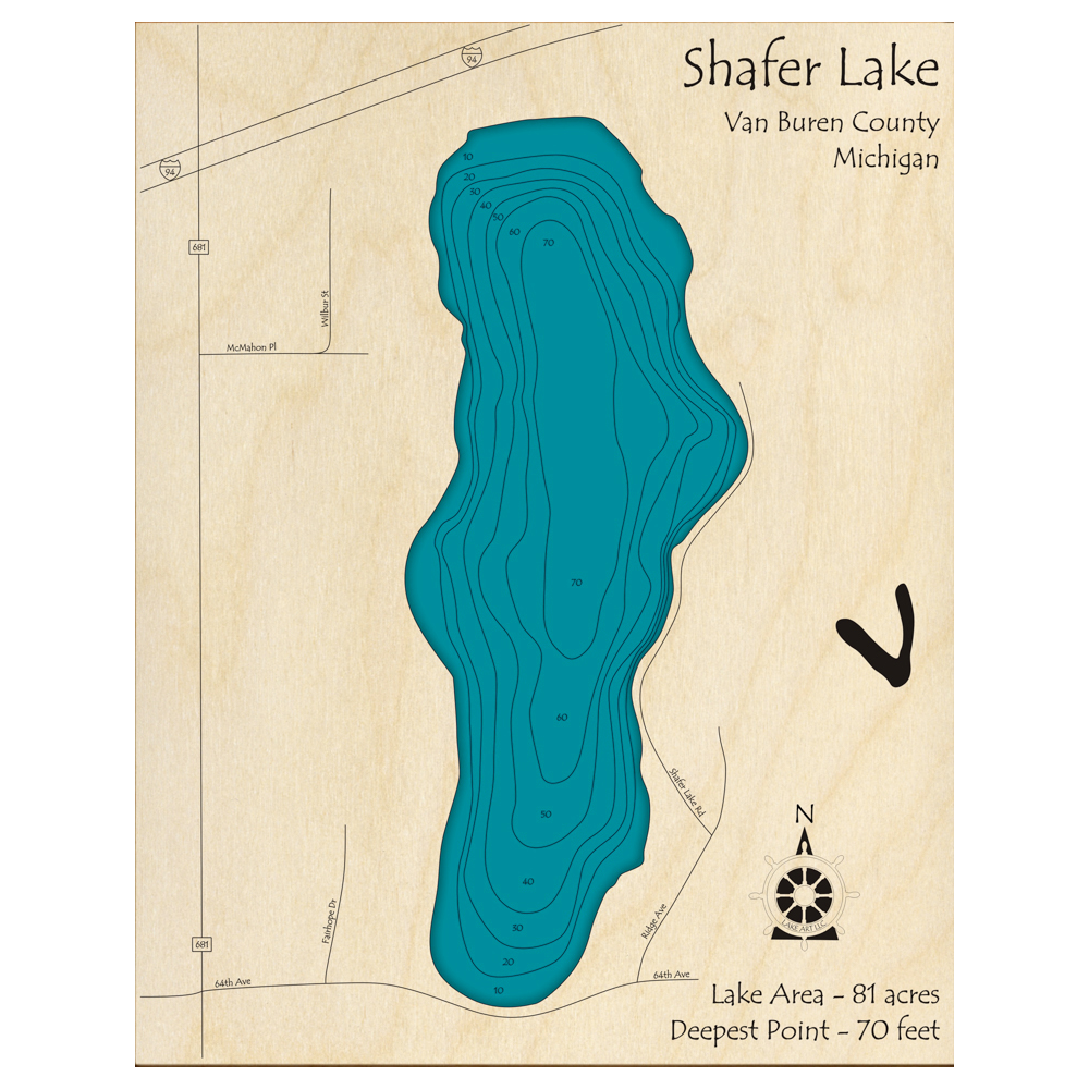 Bathymetric topo map of Shafer Lake, MI with roads, towns and depths noted in blue water.