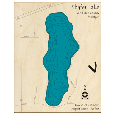 Bathymetric topo map of Shafer Lake, MI with roads, towns and depths noted in blue water.