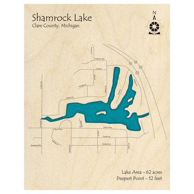 Bathymetric topo map of Shamrock Lake, MI with roads, towns and depths noted in blue water.