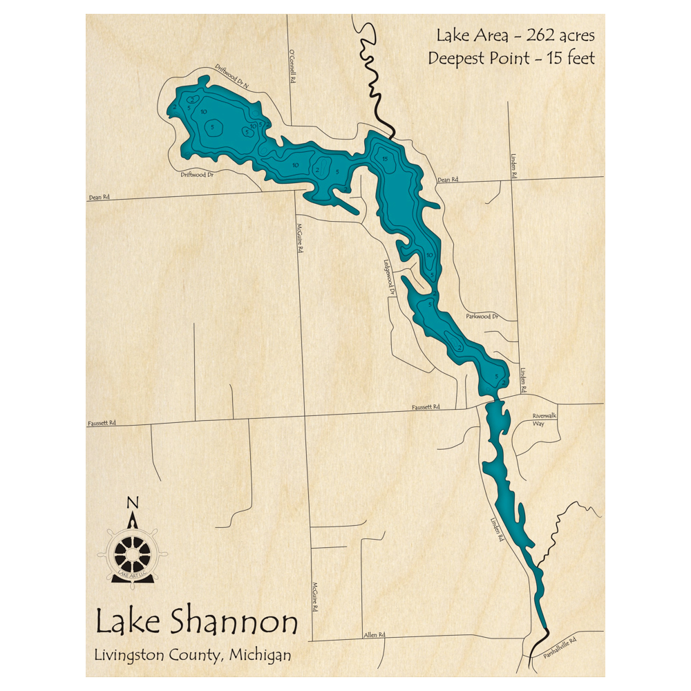 Bathymetric topo map of Lake Shannon, MI with roads, towns and depths noted in blue water.