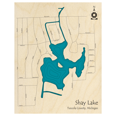 Bathymetric topo map of Shay Lake, MI with roads, towns and depths noted in blue water.
