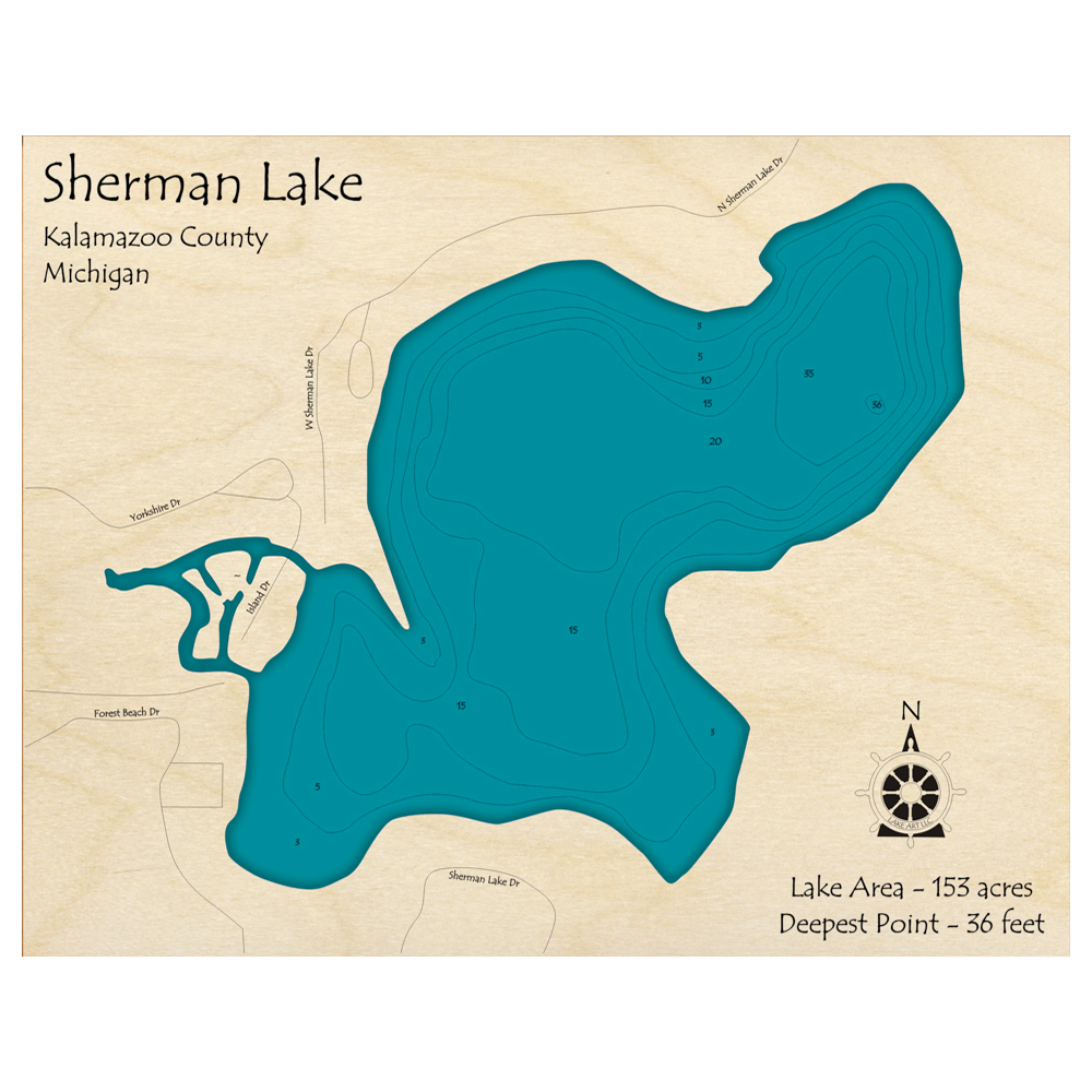 Bathymetric topo map of Sherman Lake, MI with roads, towns and depths noted in blue water.