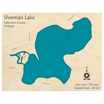 Bathymetric topo map of Sherman Lake, MI with roads, towns and depths noted in blue water.