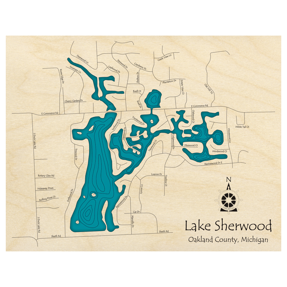 Bathymetric topo map of Lake Sherwood, MI with roads, towns and depths noted in blue water.