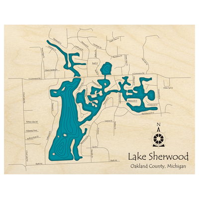 Bathymetric topo map of Lake Sherwood, MI with roads, towns and depths noted in blue water.