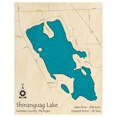 Bathymetric topo map of Shinanguag Lake, MI with roads, towns and depths noted in blue water.