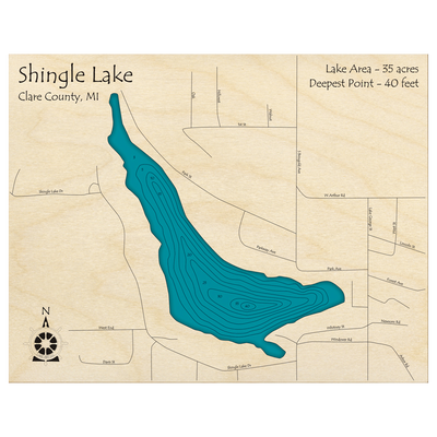 Bathymetric topo map of Shingle Lake, MI with roads, towns and depths noted in blue water.