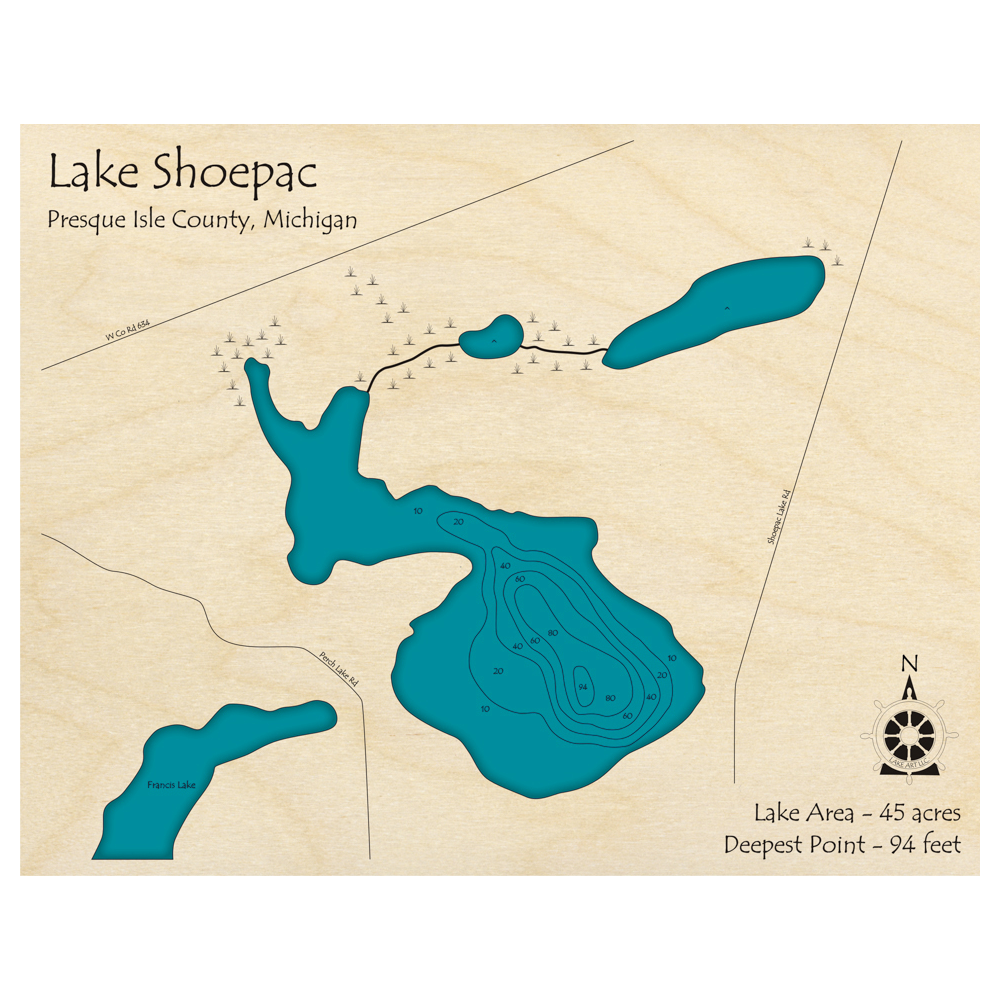 Bathymetric topo map of Shoepac Lake, MI with roads, towns and depths noted in blue water.