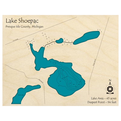Bathymetric topo map of Shoepac Lake, MI with roads, towns and depths noted in blue water.
