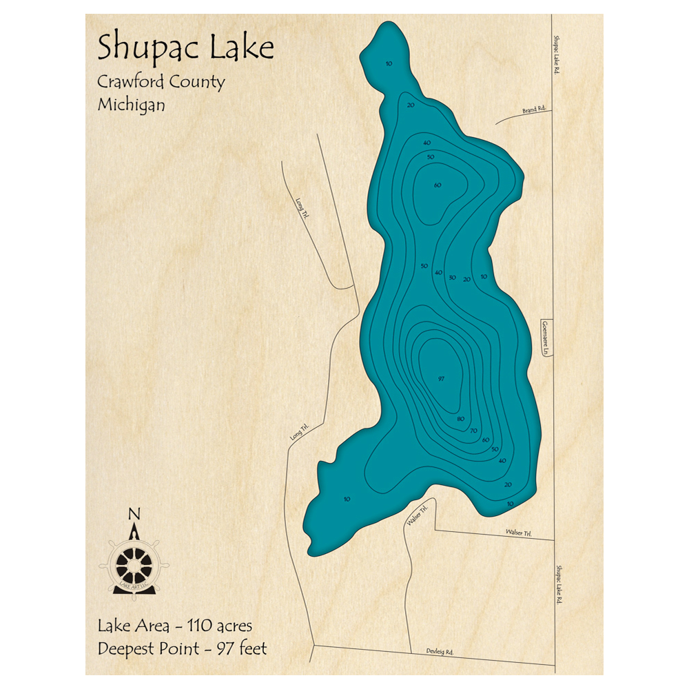 Bathymetric topo map of Shupac Lake, MI with roads, towns and depths noted in blue water.