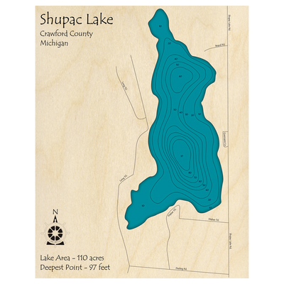 Bathymetric topo map of Shupac Lake, MI with roads, towns and depths noted in blue water.