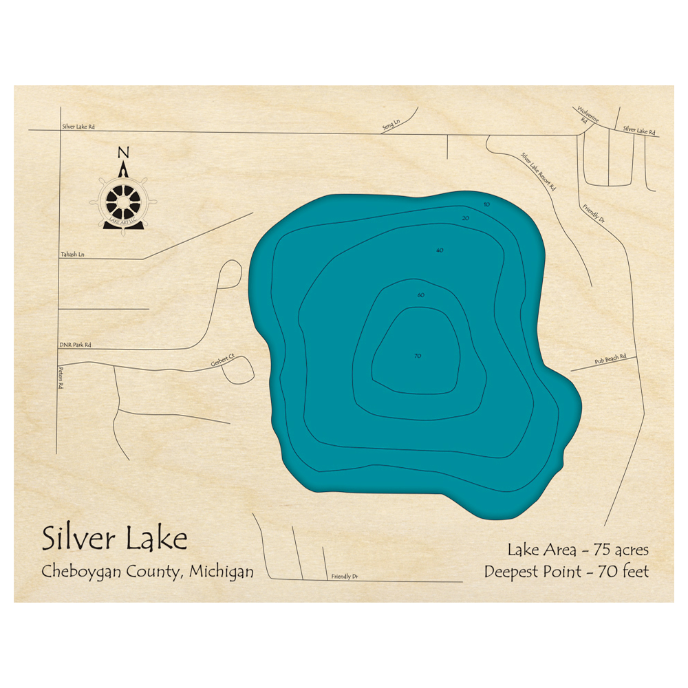 Bathymetric topo map of Silver Lake, MI with roads, towns and depths noted in blue water.