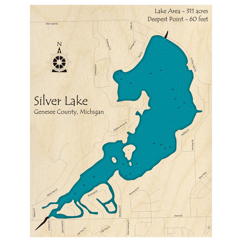 Bathymetric topo map of Silver Lake, MI with roads, towns and depths noted in blue water.