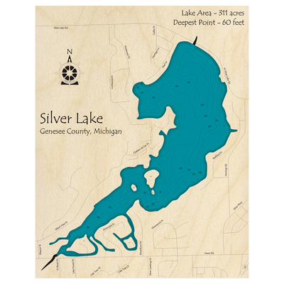 Bathymetric topo map of Silver Lake, MI with roads, towns and depths noted in blue water.
