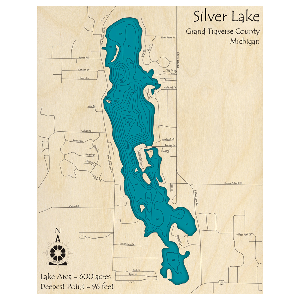 Bathymetric topo map of Silver Lake, MI with roads, towns and depths noted in blue water.