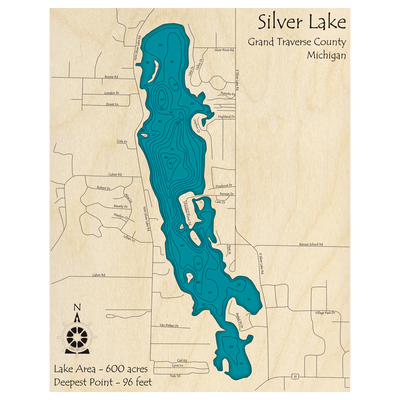 Bathymetric topo map of Silver Lake, MI with roads, towns and depths noted in blue water.