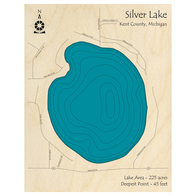 Bathymetric topo map of Silver Lake, MI with roads, towns and depths noted in blue water.