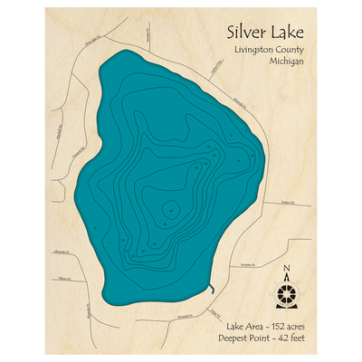 Bathymetric topo map of Silver Lake, MI with roads, towns and depths noted in blue water.