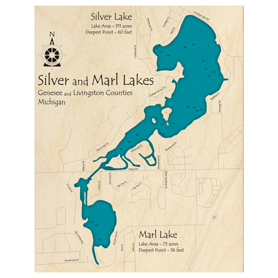 Bathymetric topo map of Silver Lake, MI with roads, towns and depths noted in blue water.
