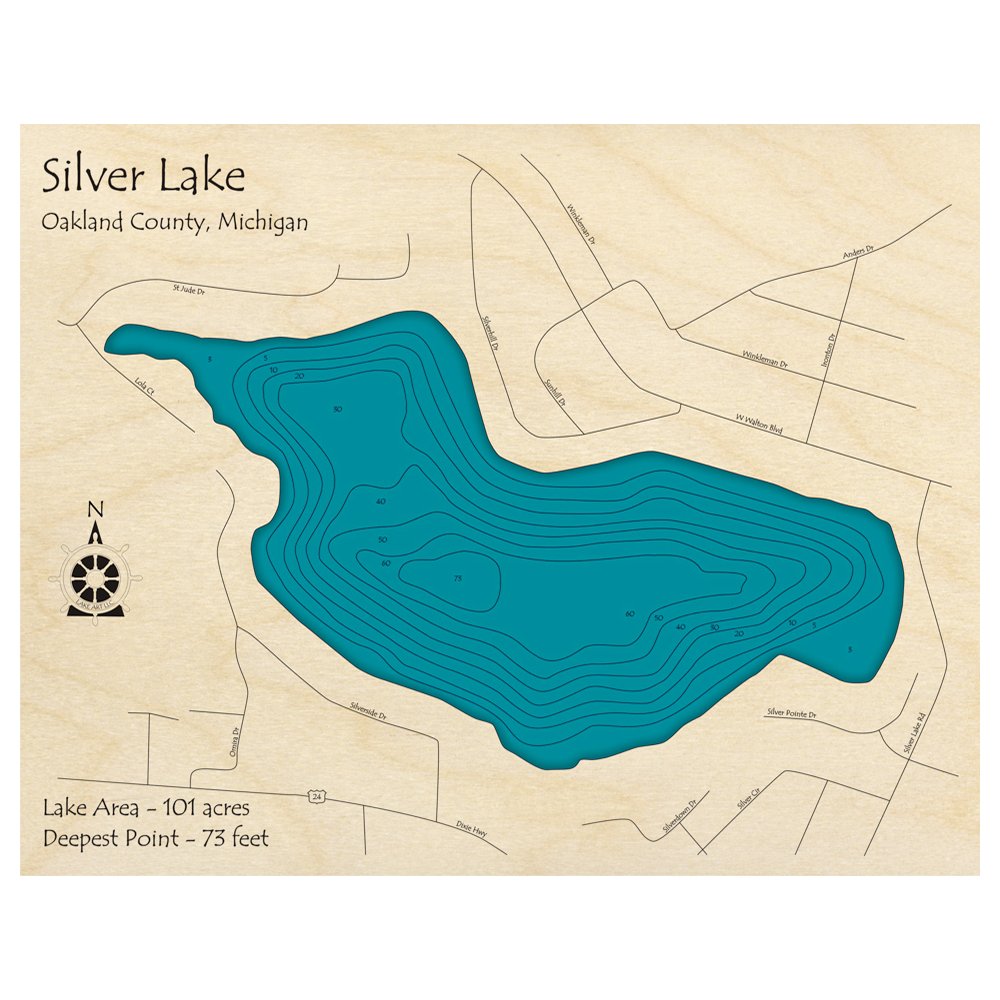Bathymetric topo map of Silver Lake, MI with roads, towns and depths noted in blue water.