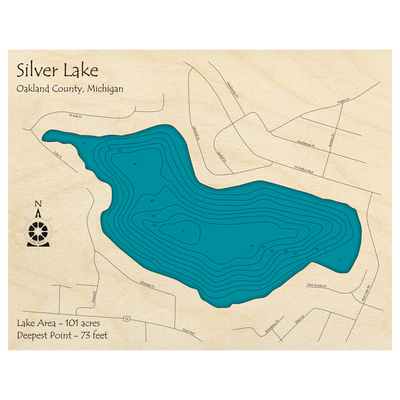Bathymetric topo map of Silver Lake, MI with roads, towns and depths noted in blue water.