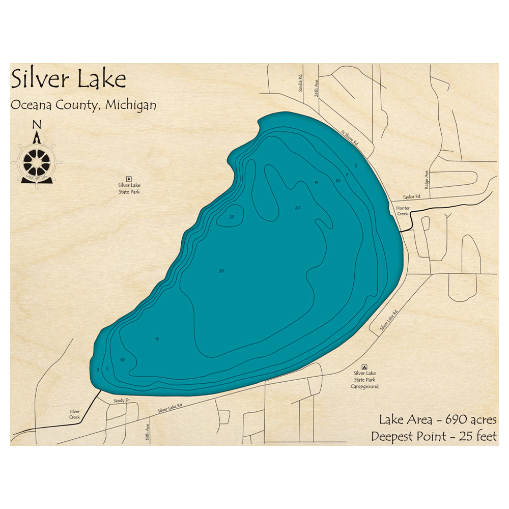 Bathymetric topo map of Silver Lake, MI with roads, towns and depths noted in blue water.