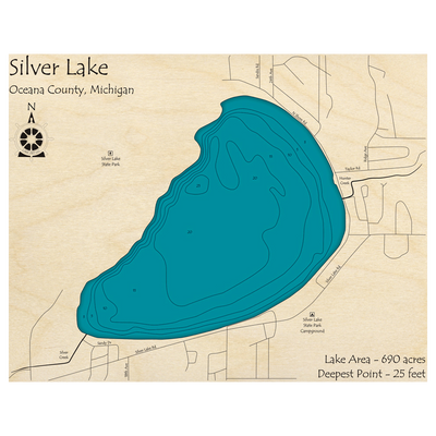 Bathymetric topo map of Silver Lake, MI with roads, towns and depths noted in blue water.