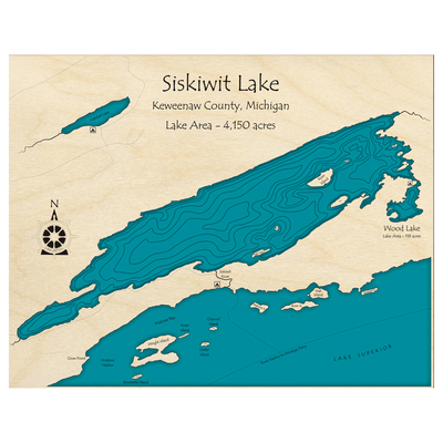 Bathymetric topo map of Siskiwit Lake, MI with roads, towns and depths noted in blue water.