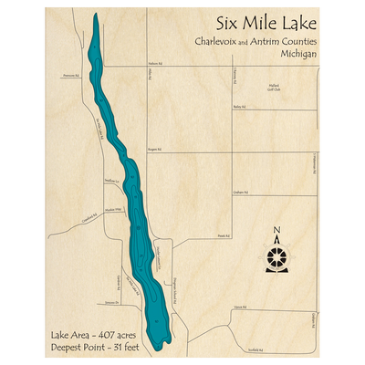 Bathymetric topo map of Six Mile Lake, MI with roads, towns and depths noted in blue water.