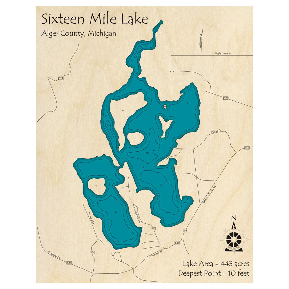 Bathymetric topo map of Sixteen Mile Lake, MI with roads, towns and depths noted in blue water.