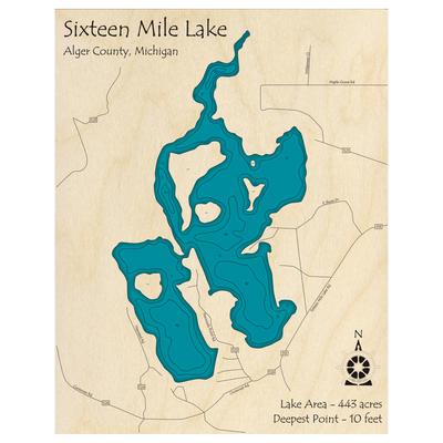 Bathymetric topo map of Sixteen Mile Lake, MI with roads, towns and depths noted in blue water.