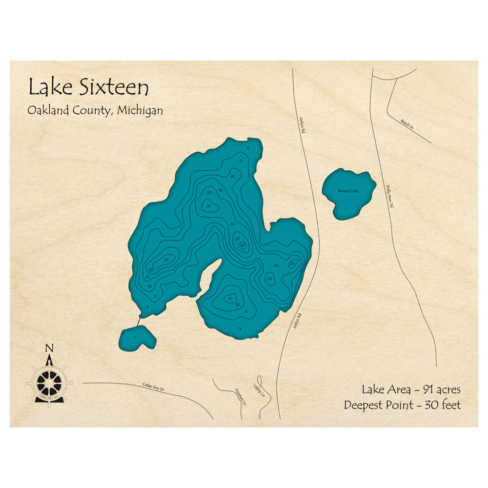 Bathymetric topo map of Lake Sixteen, MI with roads, towns and depths noted in blue water.