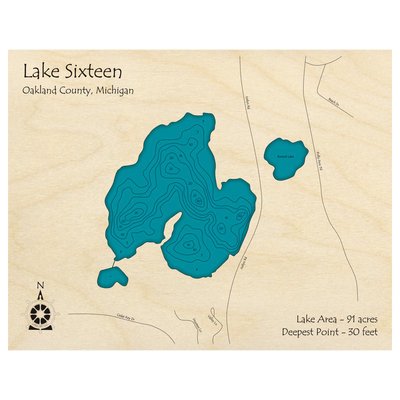 Bathymetric topo map of Lake Sixteen, MI with roads, towns and depths noted in blue water.