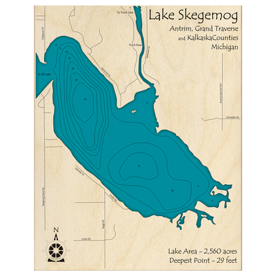 Bathymetric topo map of Lake Skegemog, MI with roads, towns and depths noted in blue water.