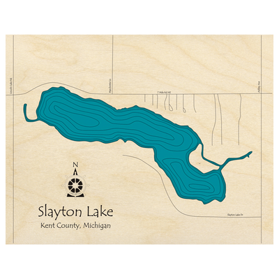 Bathymetric topo map of Slayton Lake, MI with roads, towns and depths noted in blue water.