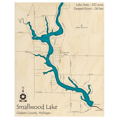 Bathymetric topo map of Smallwood Lake, MI with roads, towns and depths noted in blue water.