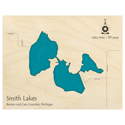 Bathymetric topo map of Smith Lakes, MI with roads, towns and depths noted in blue water.