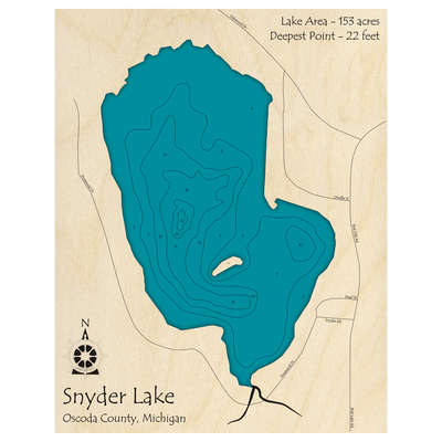 Bathymetric topo map of Snyder Lake, MI with roads, towns and depths noted in blue water.