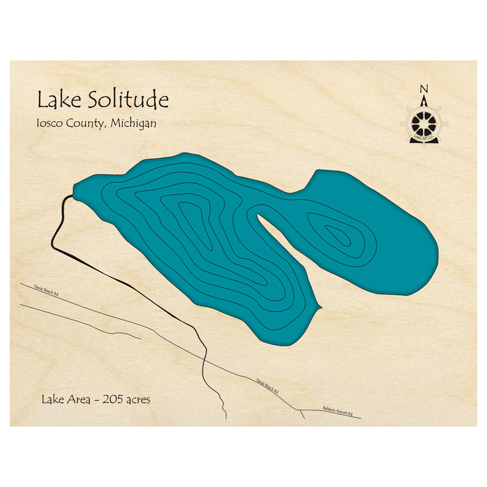 Bathymetric topo map of Lake Solitude, MI with roads, towns and depths noted in blue water.