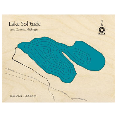 Bathymetric topo map of Lake Solitude, MI with roads, towns and depths noted in blue water.