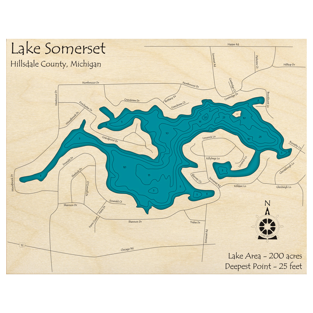 Bathymetric topo map of Lake Somerset, MI with roads, towns and depths noted in blue water.