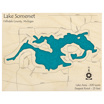 Bathymetric topo map of Lake Somerset, MI with roads, towns and depths noted in blue water.