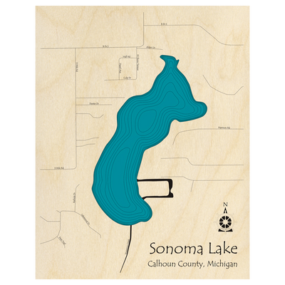 Bathymetric topo map of Sonoma Lake, MI with roads, towns and depths noted in blue water.