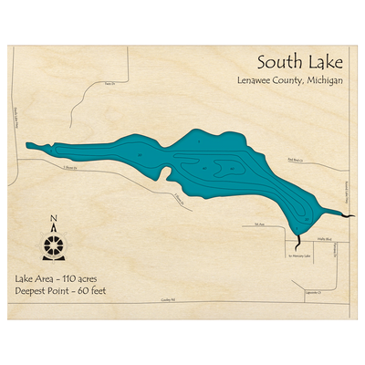 Bathymetric topo map of South Lake, MI with roads, towns and depths noted in blue water.